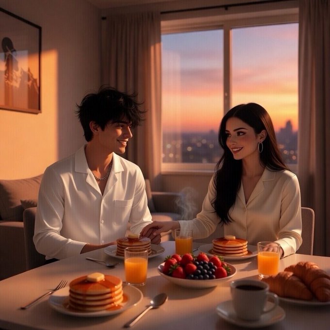 In this image, a man and woman are sitting at a dining table enjoying breakfast together. The table has plates of food, including pancakes, fruit, and orange juice. There are also cups and utensils like forks and spoons on the table. The scene is set in an apartment with large windows that provide natural light, creating a warm atmosphere for their mealtime conversation.