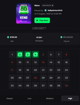 A mobile gambling app screenshot showing a Keno game titled 'DEGEN' with a multiplier of 150x and the numbers '2', '3', and '4' highlighted in green.