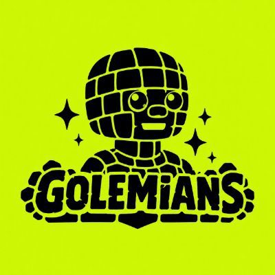A pixel-art style logo on a yellow-green background depicts a stone golem head with the text 'GOLEMIANS' beneath it.