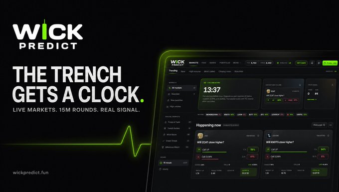 An advertisement for 'WICK PREDICT' featuring the slogan 'THE TRENCH GETS A CLOCK' alongside a preview of their live markets interface.