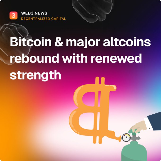 A "Web3 News - Decentralized Capital" graphic featuring a large golden Bitcoin symbol being held/fueled by a hand operating a green gas tank valve, with the headline "Bitcoin & major altcoins rebound with renewed strength" — visually reinforcing the post's message about liquidity returning to the crypto market and renewed confidence fueling the rally.