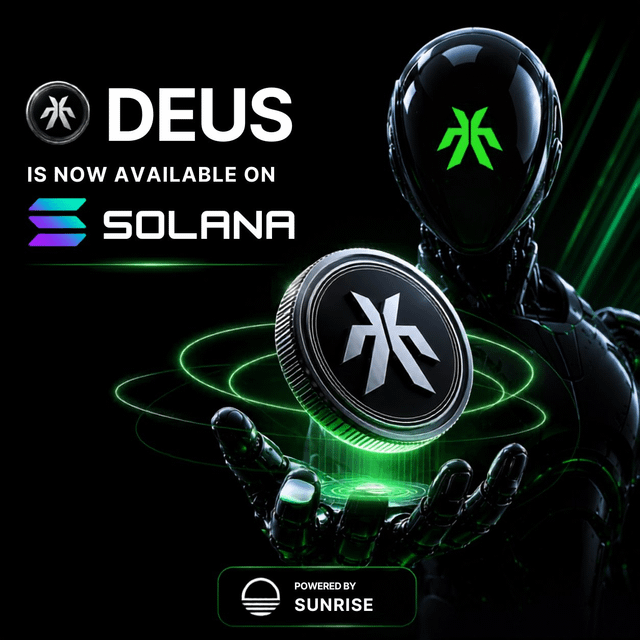 The image features a robot with a green face, holding up a coin that displays the letters "DK". The background of the image is black, and there are two logos present - one for "DEUS" and another for "Solana", both in white text against a dark background. The post also mentions that this image was created by Sunrise, which suggests that it might be related to a cryptocurrency or blockchain project.