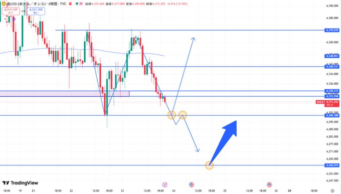 A TradingView chart for 4,311.357 showing candlestick patterns with blue arrows indicating technical analysis and potential price movements.