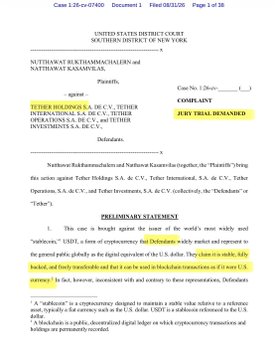 The image shows the first page of a U.S. District Court for the Southern District of New York filing by Tether Holdings against Northern Holding One, a bankruptcy trustee, involving a dispute over $42 million in USDT blocked from a wallet. The complaint seeks recovery of frozen Tether tokens, directly relating to the post's commentary about how an admin (Tether) can blacklist wallets and seize funds without a court order.
