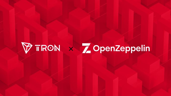 A red geometric background features the TRON logo alongside the OpenZeppelin logo separated by an "x" symbol, visually representing the partnership that brings OpenZeppelin's audited smart contract tools and security infrastructure to developers building on the TRON network.