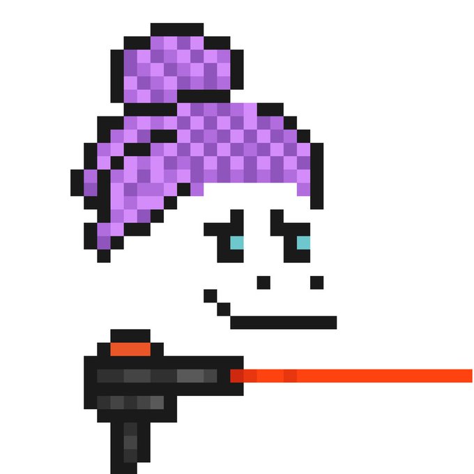 A pixel art illustration of a character with spiky purple hair, light blue eyes, and a black outfit, with a red line extending from their hand.
