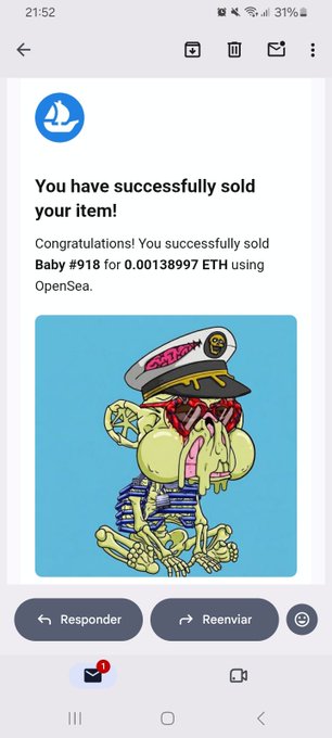 A screenshot of an OpenSea confirmation screen reads 'You have successfully sold your item!' and 'Congratulations! You successfully sold Baby #918 for 0.00138997 ETH using OpenSea,' featuring an illustration of a cartoonish character in a captain's hat with X-shaped eyes.