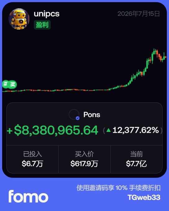 The image displays a portfolio screenshot from the "fomo" app showing a trading account "unipcs" with a profit of +$8,380,965.64 (12,377.62%) on $useless token, with $6.7万 invested, a buy-in price of $617.9万, and current value of $7.7亿. The accompanying post reflects on overcoming personal biases about the token, which the chart illustrates by showing its dramatic rise from flat to a steep upward trend, proving that ignoring it based on prejudice meant missing massive gains.