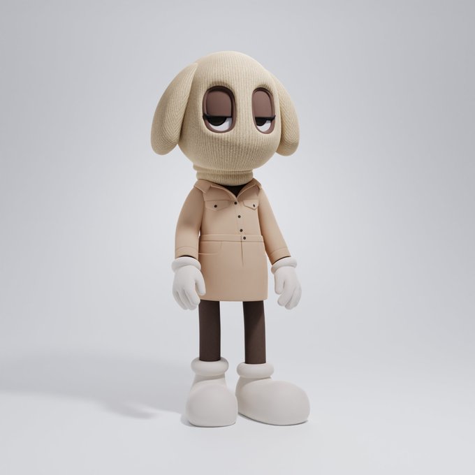 A 3D-rendered cartoon character with a large knitted cream-colored dog-like head, droopy eyes, wearing a beige coat, white gloves, brown pants, and white boots.