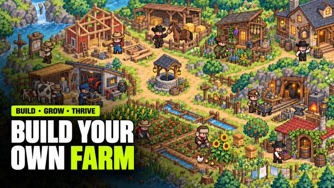 A promotional graphic for a farm-building video game featuring pixel art characters, buildings, and crops with the text 'BUILD • GROW • THRIVE' and 'BUILD YOUR OWN FARM' in green and white lettering.