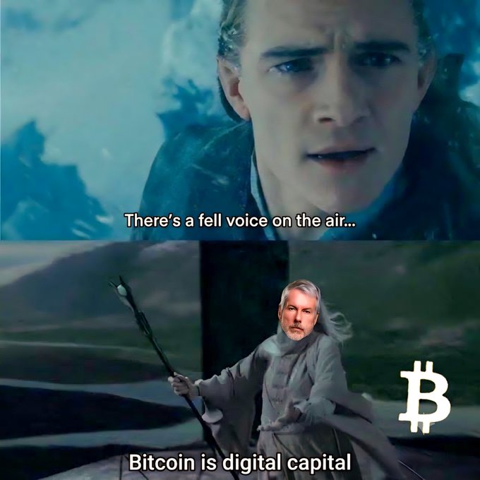 A meme featuring a character with a superimposed face saying "There's a fell voice on the air..." above Gandalf holding a staff, edited with text reading "Bitcoin is digital capital" and a Bitcoin logo.