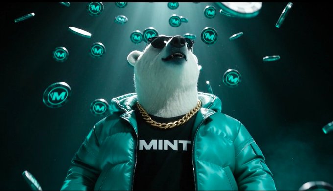 A cinematic image of a white dog wearing sunglasses and a gold chain over a 'MINT' shirt, surrounded by falling tokens marked with 'M' in a dark teal environment.