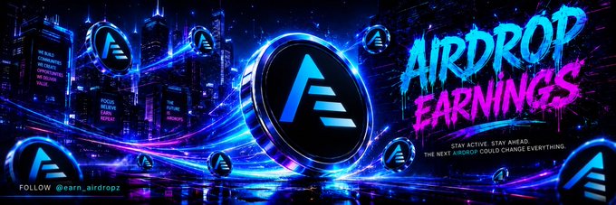 A vibrant neon-blue banner featuring a stylized "A" coin logo reads "AIRDROP EARNINGS" with the tagline "STAY ACTIVE. STAY AHEAD. THE NEXT AIRDROP COULD CHANGE EVERYTHING," promoting an upcoming Solana coin launch and rewarding engagement through retweets, comments, and turning on notifications.
