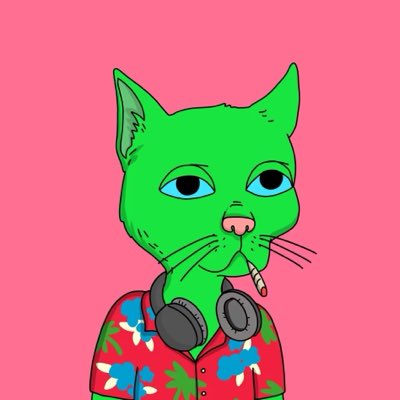 An illustration of a green cat with blue eyes wearing a red Hawaiian shirt with floral patterns and black headphones around its neck, set against a pink background.