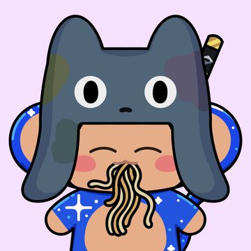 An illustration of a cartoon character wearing a gray cat-eared hat and eating noodles against a pink background.