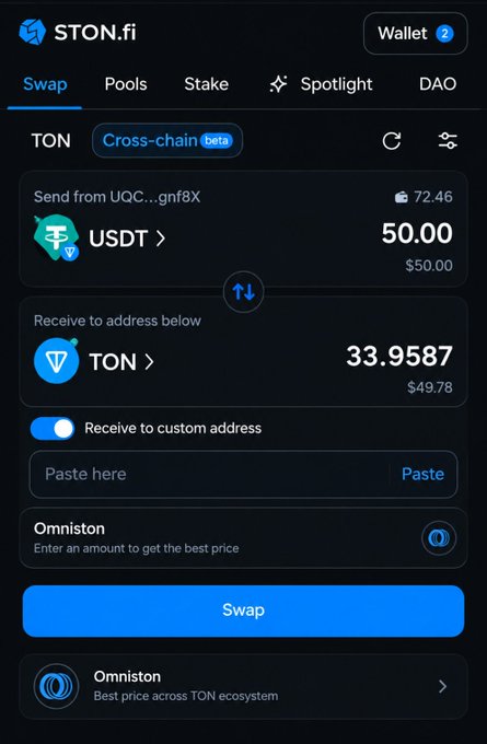A mobile app interface for "STON.fi" showing a cryptocurrency swap interface, with 50.00 USDT being swapped from the TON network to 33.9587 TON via Cross-chain beta.