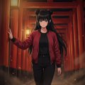 The image shows an anime-style female character with long dark hair, cat ears, and a red jacket over a black outfit, standing in a traditional Japanese setting with red lanterns and architecture in the background, which appears to be promotional artwork for the @0xhazels studio mentioned in the post about crypto/Web3 tasks and ranking competitions.