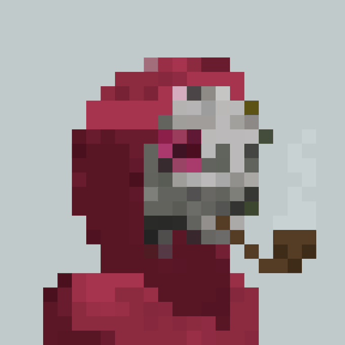 A heavily pixelated image resembling a red Among Us character holding a small object against a light background.