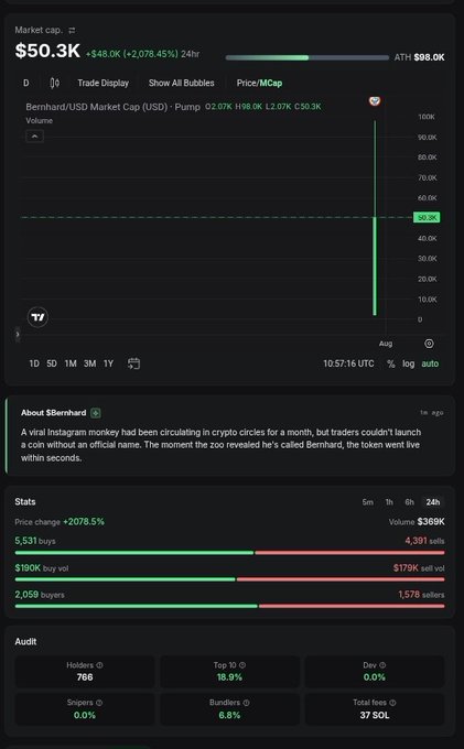 A cryptocurrency analytics page for "Bernhard" (a viral Solana meme token named after a viral Instagram monkey) showing a market cap of $50.3K, up 2,078.45% in 24 hours, with stats including 5,331 buys, 2,059 buyers, and 766 holders.