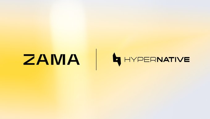 The image displays the logos of ZAMA and HYPERNATIVE side by side against a warm yellow gradient background, visually representing the new partnership between the two companies for continuous onchain monitoring across the Zama Protocol.