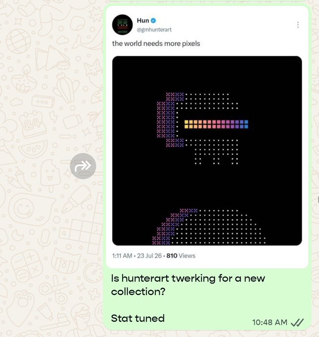 A social media post from Hun (@gmhunterart) captioned 'the world needs more pixels' showing a pixel art image with text below reading 'Is hunterart twerking for a new collection? Start tuned'.