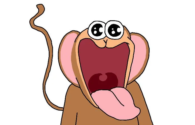 Cartoon illustration of a brown monkey with its mouth wide open in shock or screaming, featuring large eyes and a pink tongue sticking out.