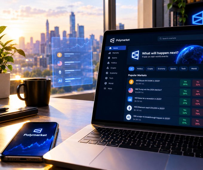 A laptop and smartphone on a desk displaying the Polymarket platform with various prediction markets for politics, crypto, economy, and sports, with a city skyline visible through the window behind.