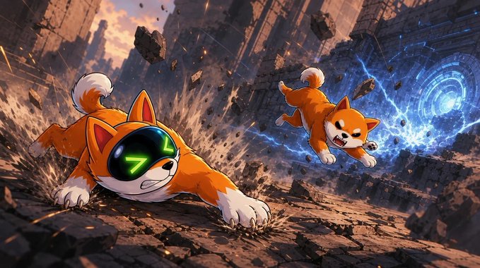 Two Shiba Inu dogs battle through a chaotic, crumbling landscape—one wearing a futuristic helmet with green glowing eyes and the other unleashed amid blue energy—perfectly capturing the post's message: "When the going gets tough..." these determined doges charge forward through destruction without backing down.