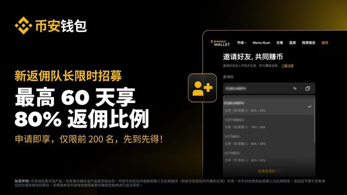 A Binance Wallet (币安钱包) promotional image advertising a limited-time referral program offering up to 60 days with an 80% commission rebate, with the first 200 applicants eligible, alongside a screenshot of the referral dashboard interface.