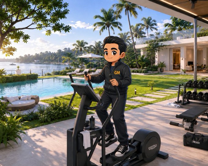 An animated/chibi-style cartoon character in a black tracksuit with 'GM' on the jacket exercises on an elliptical machine at an outdoor gym overlooking a tropical pool and beach setting.