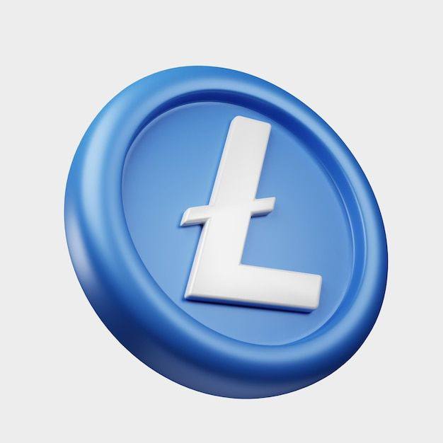 A 3D rendering of a blue circular coin with a white "Ł" symbol (Litecoin logo) in the center.