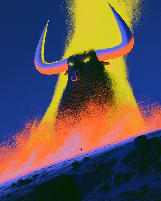 A digital illustration depicting a giant, glowing-eyed bull-headed creature emerging from a massive burst of yellow and orange energy, towering over a tiny silhouette of a person standing on a rocky landscape.
