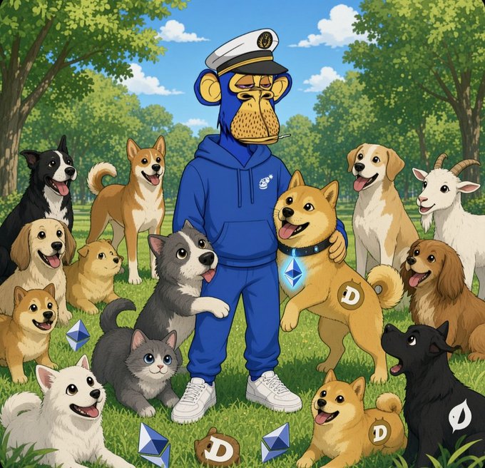 An anime-style illustration of a Bored Ape Yacht Club character in a blue hoodie and captain's hat standing in a park surrounded by various dogs, cats, a goat, and Dogecoin (D) and Ethereum (◆) cryptocurrency tokens.