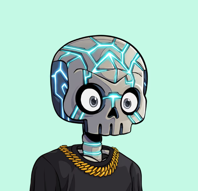 A cartoon illustration of a cybernetic/robotic skeleton character with glowing blue circuit patterns on its skull, wide eyes, and a gold chain necklace, wearing a black shirt against a light green background.