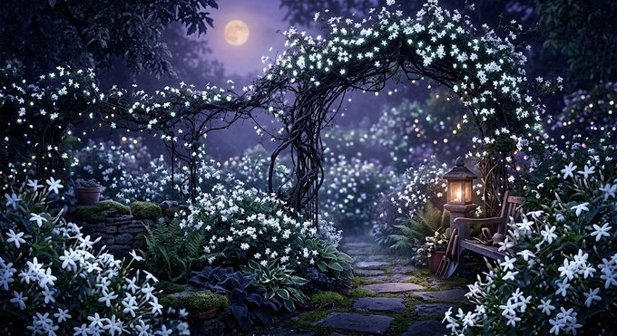 A moonlit garden scene featuring a flower-covered archway, white blooming lilies, a stone path, and a glowing lantern under a full moon.