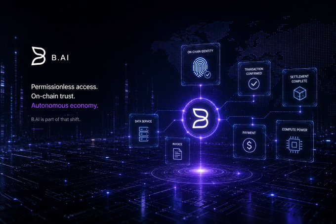 A futuristic banner for 'B.AI' promotes 'Permissionless access. On-chain trust. Autonomous economy.' with icons representing data service, payment, compute power, and on-chain identity.