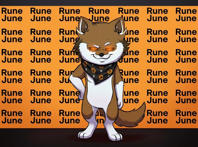 The image features a cartoon dog wearing sunglasses, standing against an orange background with the text "Rune June" written above it. The dog appears to be posing for the camera while wearing a bandana around its neck. The caption below the image reads "Staying positive in Rune June! $LOBO $DOG $MIM". This suggests that the image is related to the month of June, and the cartoon dog represents a fun and lighthearted way to celebrate the occasion with a unique and amusing character.