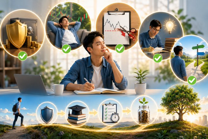 A composite graphic showing a man thinking at a desk surrounded by circular icons depicting various concepts like security, relaxation, charts, ideas, and financial growth.