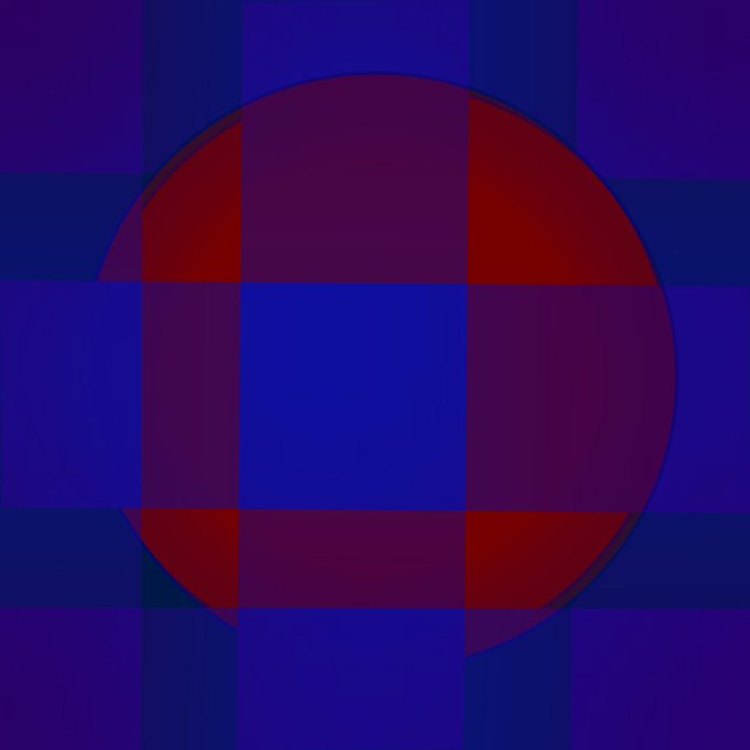 An abstract digital image featuring a dark red circle overlaid on a blue and purple checkered background.