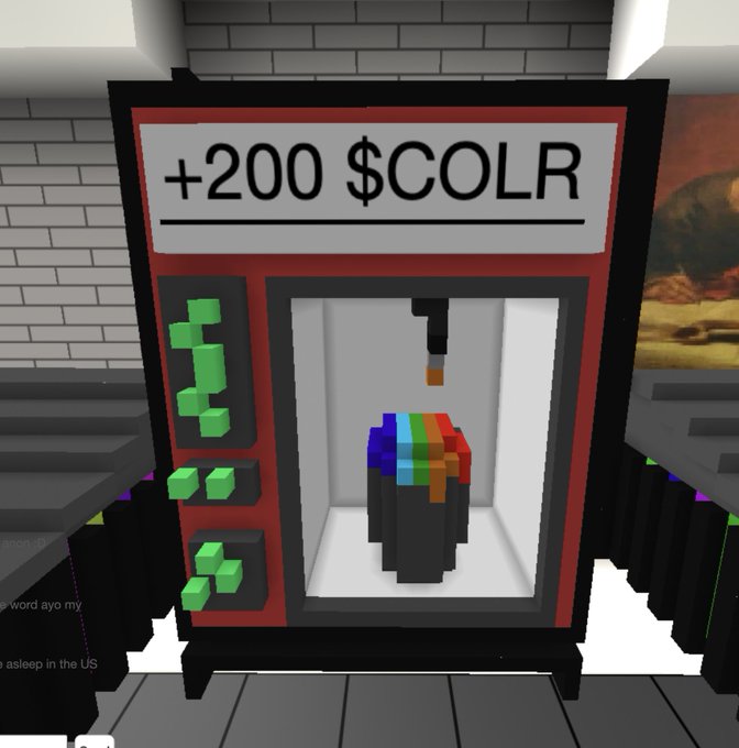 A pixel art vending machine displays '+200 $COLR' at the top, offering a rainbow-colored item inside.