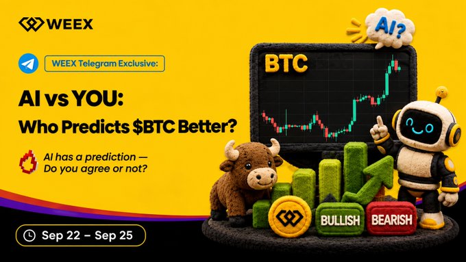 A WEEX Telegram promotional banner titled "AI vs YOU: Who Predicts $BTC Better?" invites users from Sep 22–Sep 25 to share AI's prediction on whether Bitcoin can break $90,000, accompanied by graphics of a bull, a robot, and a BTC price chart with Bullish/Bearish buttons.