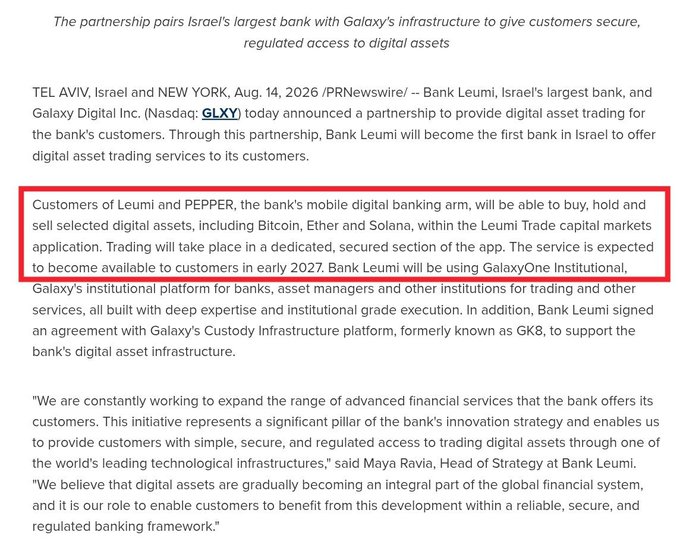 A press release from Bank Leumi (Israel's largest bank) and Galaxy Digital (GLXY) dated August 14, 2026, announces a partnership to provide digital asset trading for the bank's customers, including Bitcoin, Ether, and Solana, within the Leumi Trade app starting in early 2027, using GalaxyOne Institutional and Galaxy's Custody Infrastructure platform (formerly GK8).