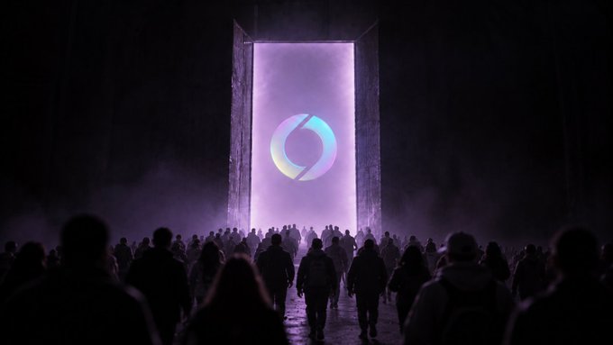A silhouetted crowd faces a glowing purple doorway featuring a crescent moon-like logo, shrouded in atmospheric mist.