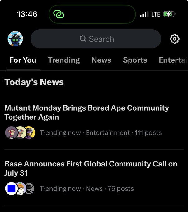 Screenshot of a smartphone showing a social media "For You" feed with two trending news stories: "Mutant Monday Brings Bored Ape Community Together Again" and "Base Announces First Global Community Call on July 31," the latter directly corresponding to the post about Base's upcoming global community call.