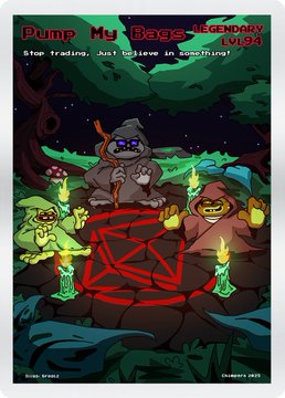 A stylized digital illustration of three goblins gathered around a glowing red pentagram in a dark forest, with the title "Pump My Bags" and "LEGENDARY LVL 94" at the top. The artwork ties into the post's theme of trading and web3 culture, complementing the "Anarchy" Chimpers card featured in the "Chimpers Card of the Day" series.