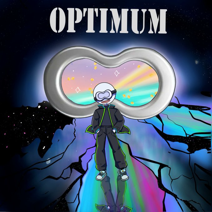 An illustrated graphic with the word 'OPTIMUM' at the top, showing an astronaut-like figure standing before a large metallic logo on an alien landscape under a rainbow sky.
