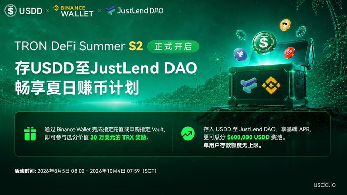 A promotional banner for 'TRON DeFi Summer S2' featuring USDD, Binance Wallet, and JustLendDAO, offering rewards including 30万 TRX reward pool and up to $600,000 USDD prize pool, running from August 5, 2024 to October 4, 2024 (SGT).