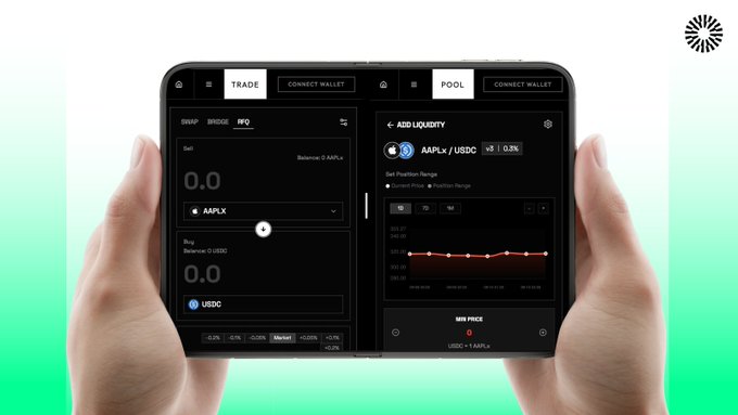 Two hands hold a foldable smartphone displaying the "AAFLX/USDC" trading and liquidity pool interface side by side, showcasing simultaneous "TRADE" and "POOL" features for tokenized stocks—illustrating the dual functionality of trading and earning in a single device.