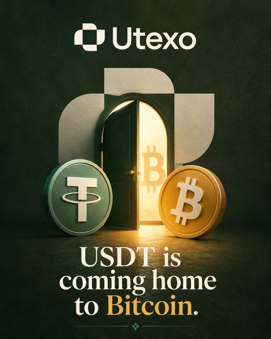 Utexo promotional graphic featuring an open door with a Bitcoin symbol glowing inside, flanked by USDT and Bitcoin coins, with the tagline 'USDT is coming home to Bitcoin.'