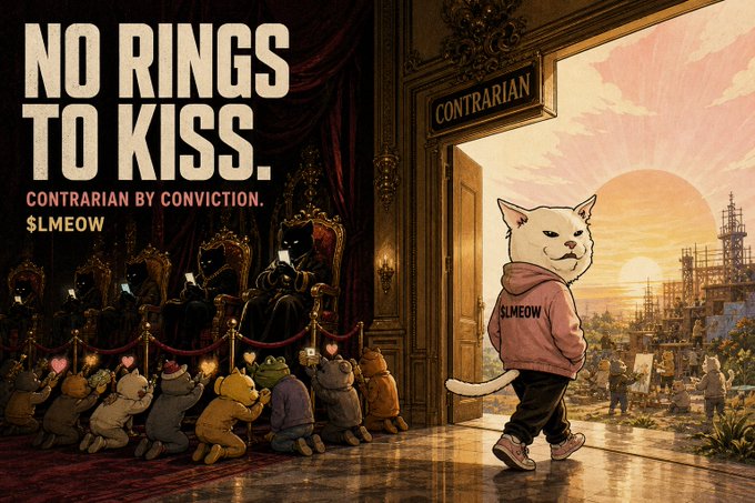 A cat wearing a "$LMEOW" hoodie walks past kneeling admirers toward an exit labeled "CONTRARIAN," with bold text declaring "NO RINGS TO KISS. CONTRARIAN BY CONVICTION. $LMEOW." The image visualizes the post's theme of memecoins devolving into KOL sycophancy, with the cat rejecting the worship crowd to chart an independent path.